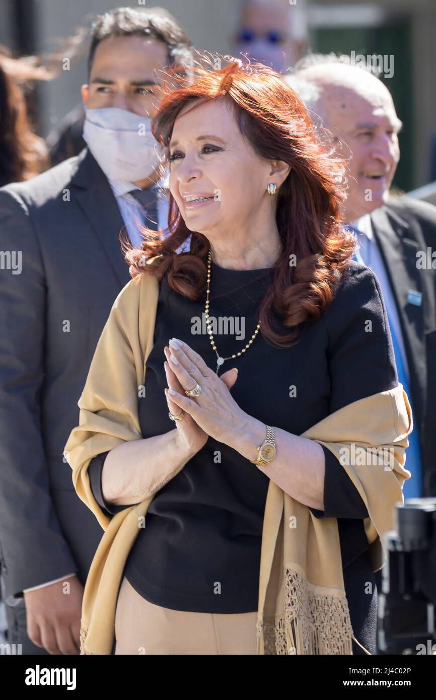 Buenos Aires, Argentina. 13th Apr, 2022. The Vice President Cristina Fernández de Kirchner greets her supporters upon leaving the Plenary Session of the Euro-Latin American Parliamentary Assembly (Eurolat) after leading its opening. (Photo by Esteban Osorio/Pacific Press) Credit: Pacific Press Media Production Corp./Alamy Live News Stock Photo