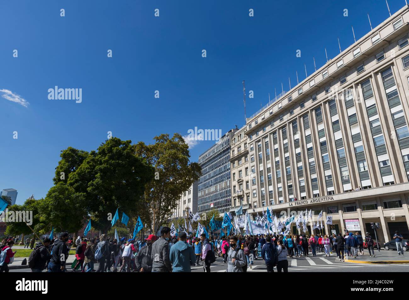 Buenos Aires, Argentina. 13th Apr, 2022. Social organizations marching towards Plaza de Mayo due to the lack of response to their social demands that they made in the last meeting with the Minister of Social Development of the Nation, Juan Zavaleta. (Photo by Esteban Osorio/Pacific Press) Credit: Pacific Press Media Production Corp./Alamy Live News Stock Photo