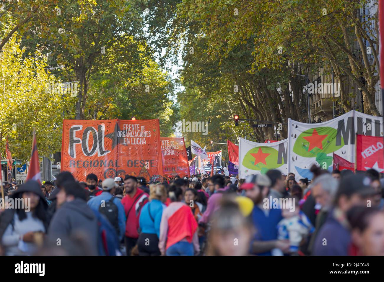 Buenos Aires, Argentina. 13th Apr, 2022. Social organizations marching towards Plaza de Mayo due to the lack of response to their social demands that they made in the last meeting with the Minister of Social Development of the Nation, Juan Zavaleta. (Photo by Esteban Osorio/Pacific Press) Credit: Pacific Press Media Production Corp./Alamy Live News Stock Photo