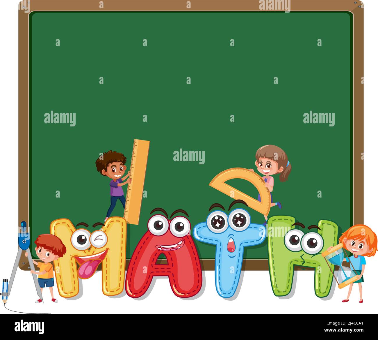 Blank chalkboard with math logo and children illustration Stock Vector