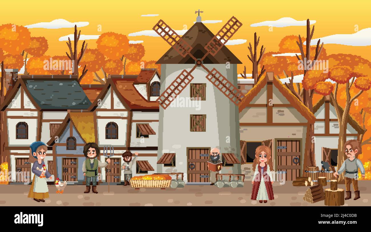 Medieval town scene with villagers illustration Stock Vector Image ...