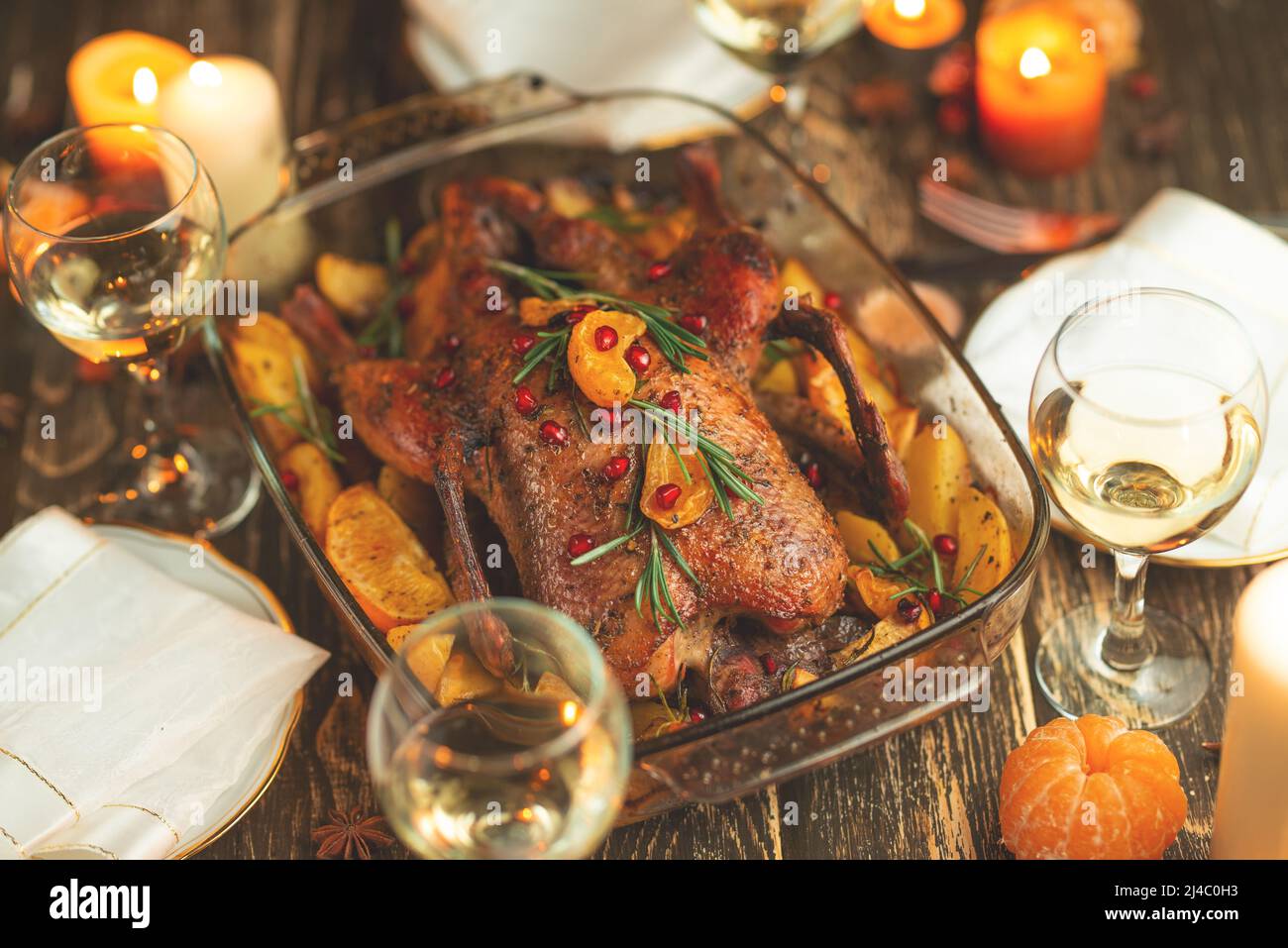 Fried festive duck, or chicken. Background for a menu or a book of recipes Stock Photo