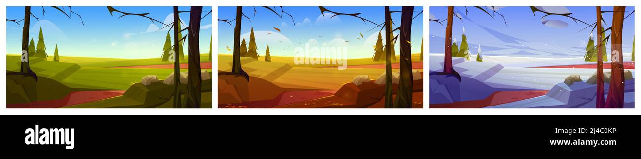 Cartoon nature landscape green field, conifers trees and rocks at ...