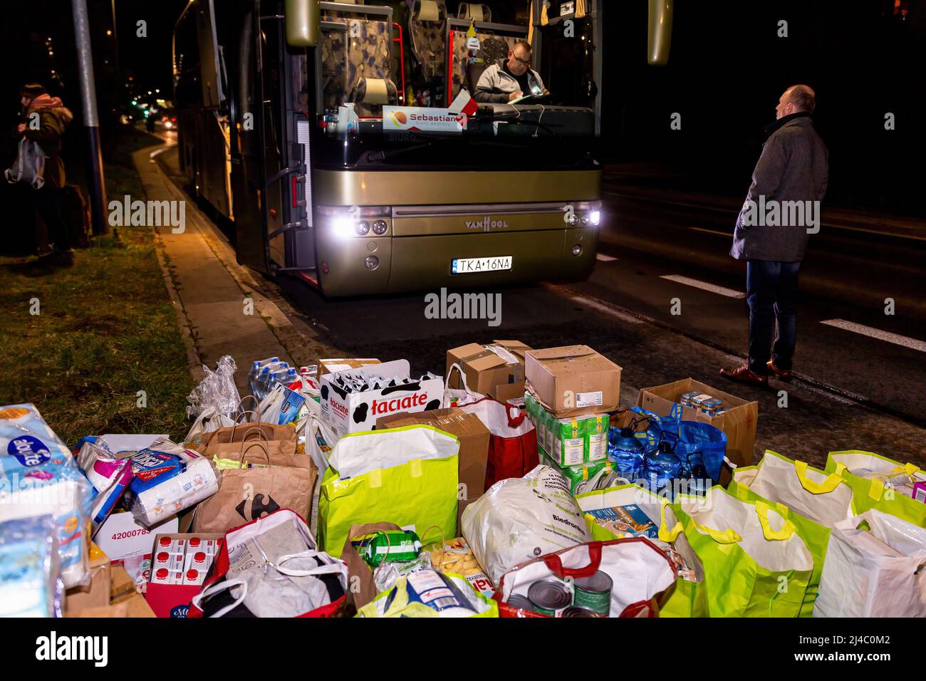 View of collected parcels from volunteers to be delivered to Lviv by volunteering business - Abdar Travel Agency as part of their humanitarian effort for war-stricken Ukraine. As the Russian Federation invaded Ukraine, the conflict is expected to force up to 5 million Ukrainians to flee the country and create a large number of internal refugees. Ukrainians are in dire need of medical supplies, food, clothes, and more. Stock Photo