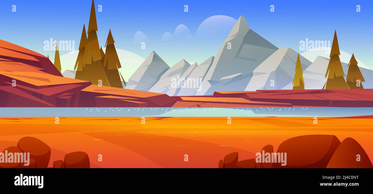 Autumn landscape with river with rocky shore in mountain valley. Vector cartoon illustration of fall countryside with green coniferous trees, orange grass, bushes, water stream, and rocks on horizon Stock Vector