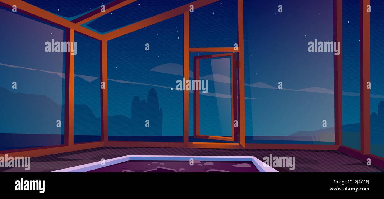 Empty glass greenhouse with open door at night. Vector cartoon illustration of blank interior of hot house, orangery with brown frame and empty flowerbed inside Stock Vector