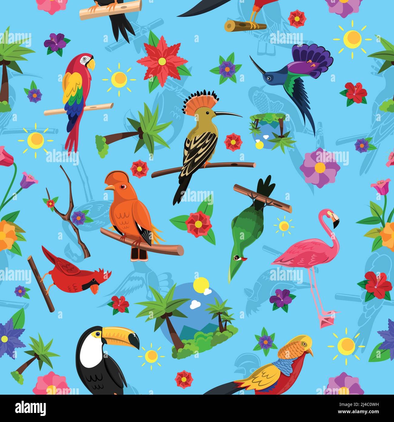 Exotic bird colorful seamless pattern with toucan flamingo and arara ...