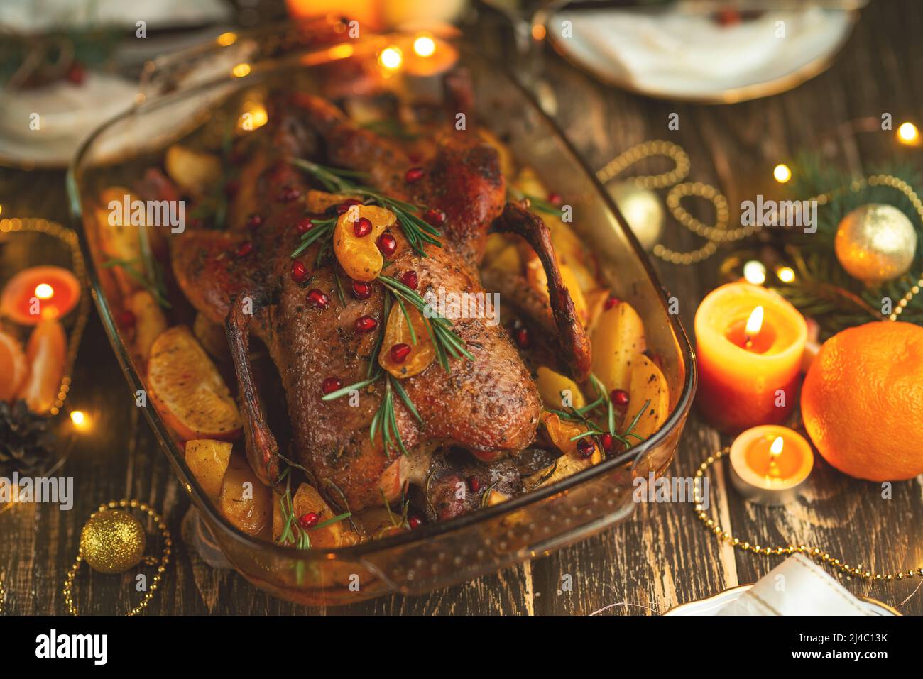 Roast duck. Thanksgiving table served with turkey, decorated with