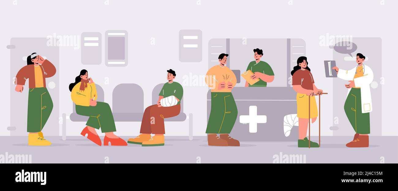 Sick people waiting in hospital hall. Characters with flu, injury, and stomach ache in queue. Vector cartoon illustration of medical clinic reception interior with doctor and patients Stock Vector