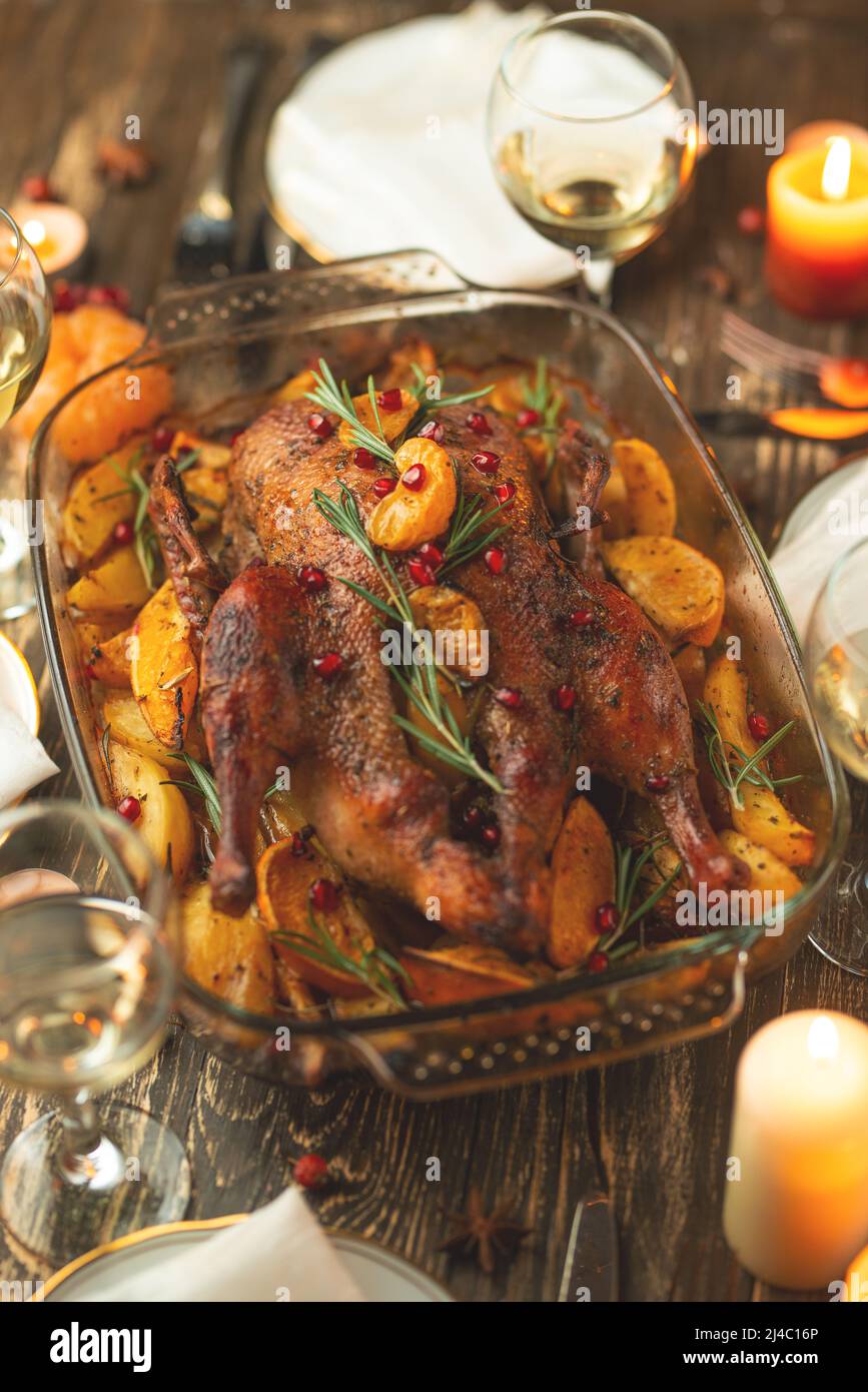 Fried festive duck, or chicken. Background for a menu or a book of recipes Stock Photo