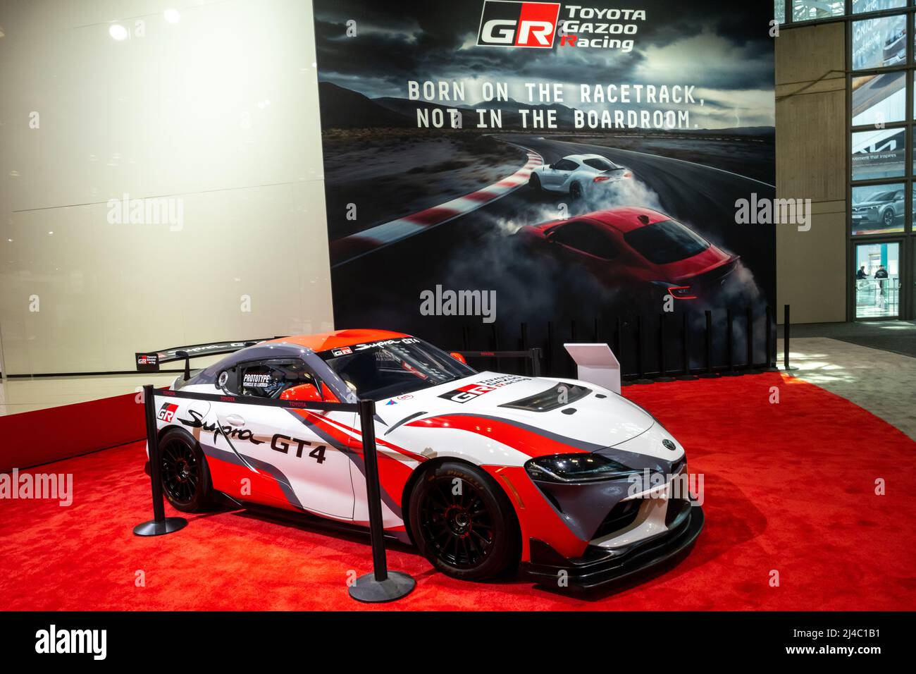 New York, USA. 13th Apr, 2022. A Toyota Supra GT4 racing car on display at the 2022 New York International Auto Show at the Javits Center in New York City. The normally annual show opened today after it was cancelled the two previous years due to the COVID-19 pandemic. Credit: Enrique Shore/Alamy Live News Stock Photo
