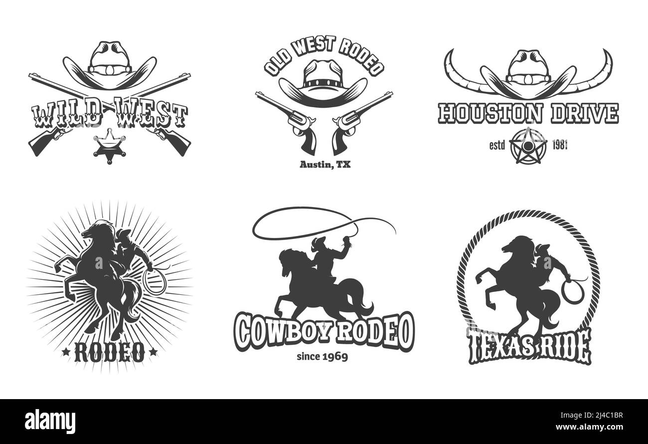 Vector Wild West and Rodeo labels. Cowboy texas, stamp and hat, american retro design. Vector illustration Stock Vector