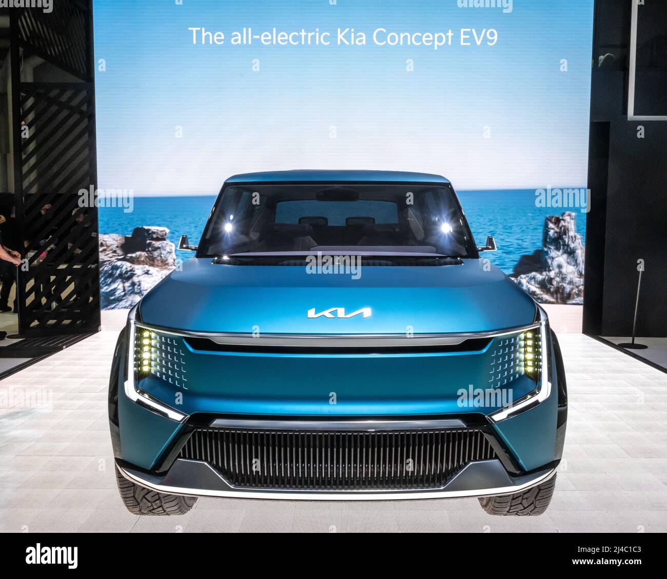 New York, USA. 13th Apr, 2022. The allelectric Kia Concept EV9 car on