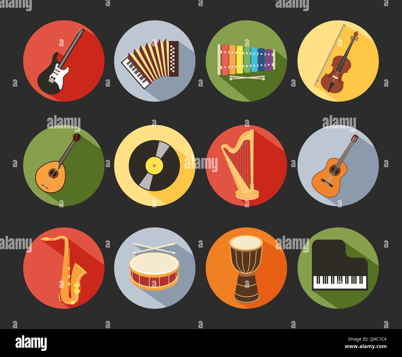 Colored Flat Musical Icons Isolated on Black Background Stock Vector