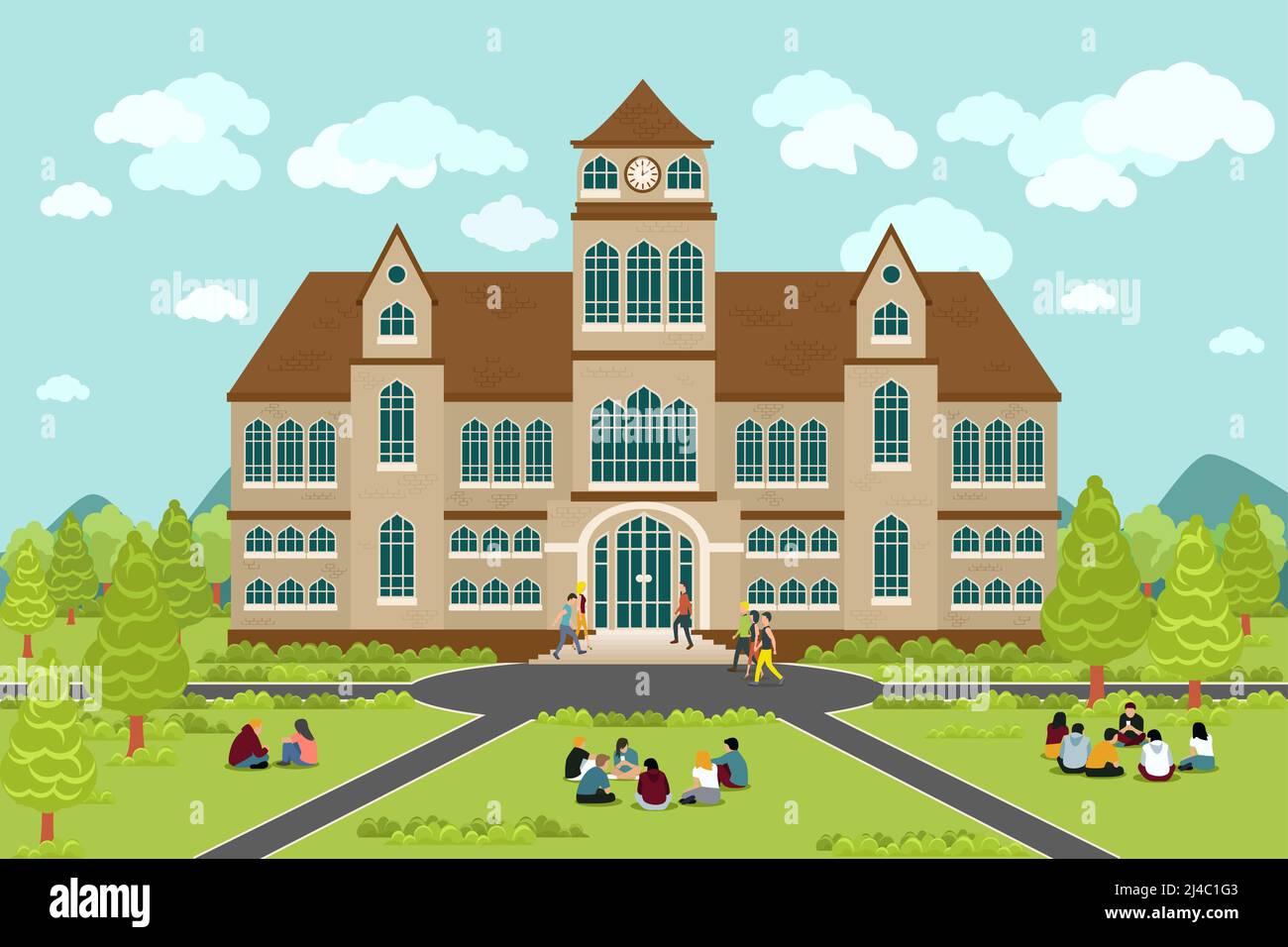 University or college building. Education student, flat campus design