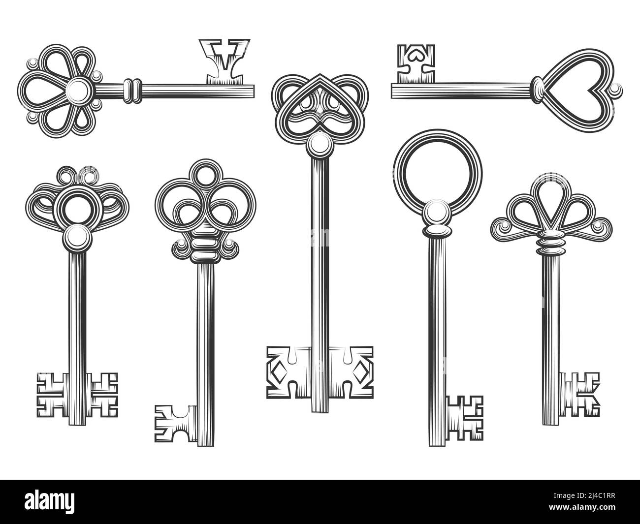 Vintage key vector set in engraving style. Antique collection retro security design illustration Stock Vector