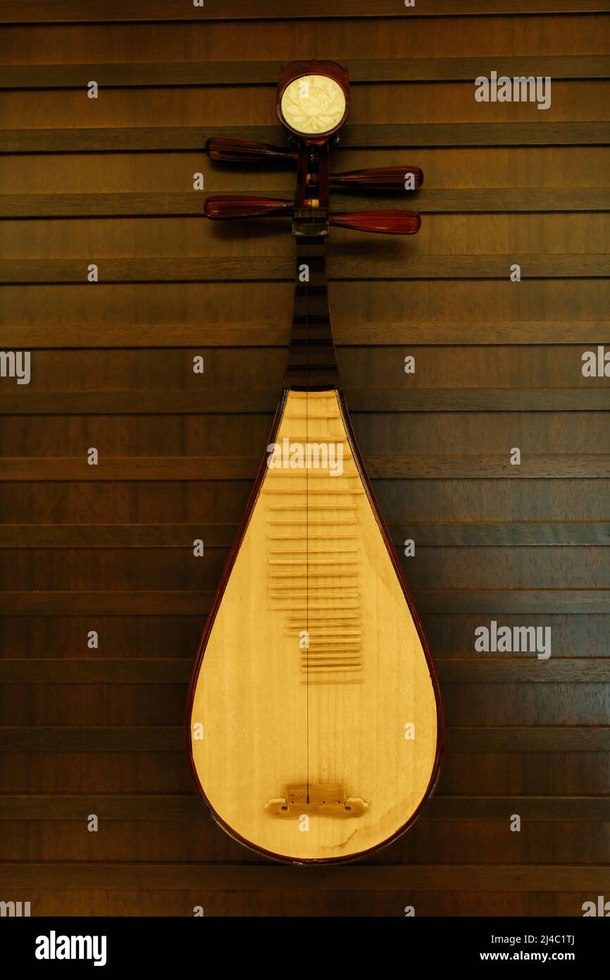 Antique Asian music instrument, pipa, hung in wall in a music