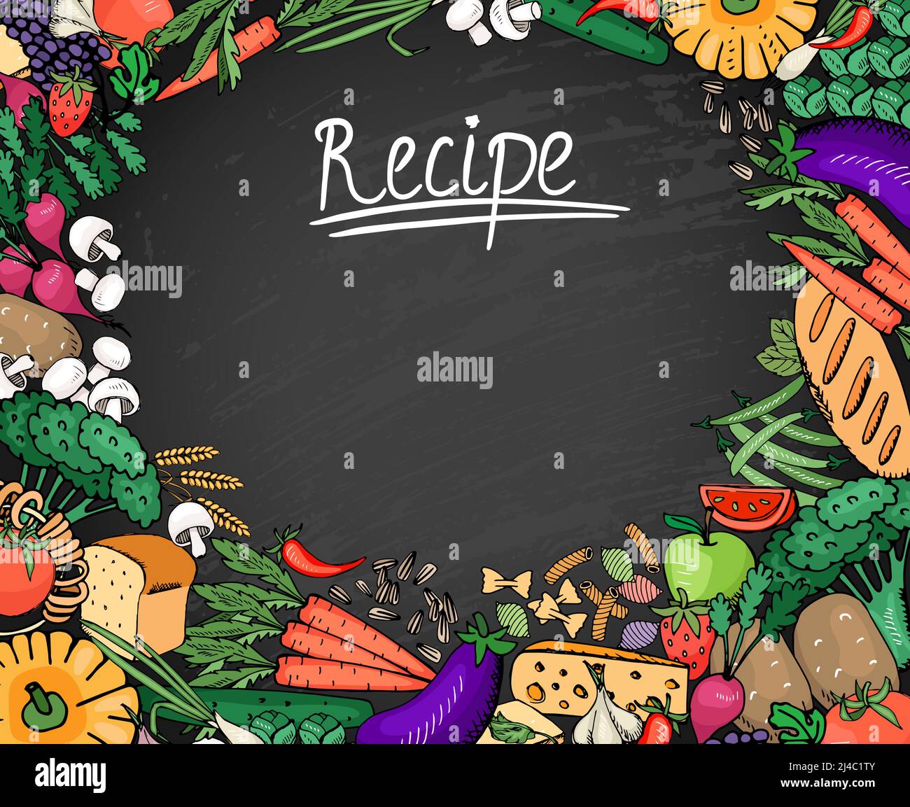 Colored Food Recipe Ingredients Such as Vegetables  Bread and Spices Background on Black Chalkboard Stock Vector