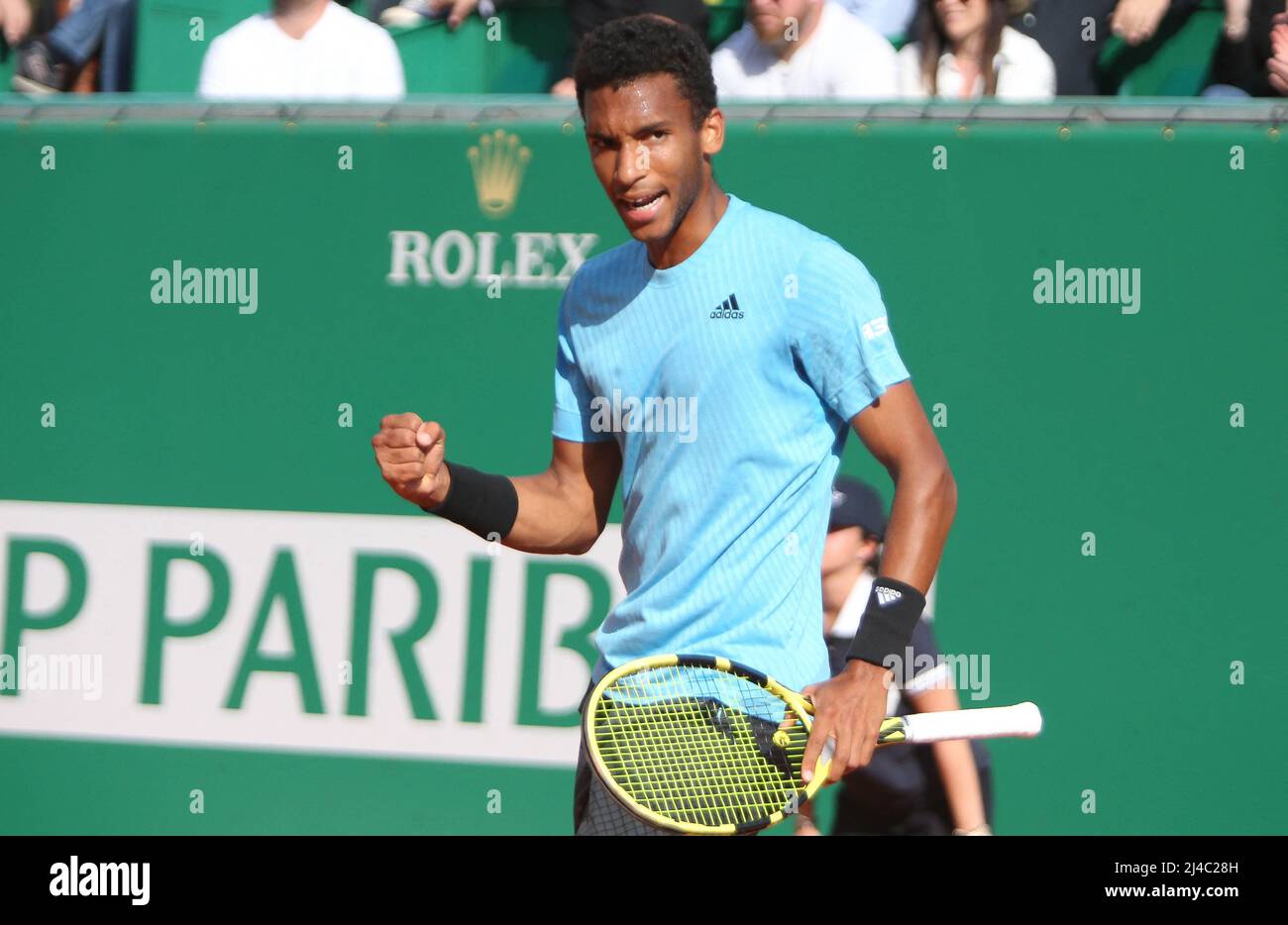 Félix Auger-Aliassime of Canada during the Rolex Monte-Carlo Masters 2022,  ATP Masters 1000 tennis tournament on April 13, 2022 at Monte-Carlo Country  Club in Roquebrune-Cap-Martin, France. Photo Laurent Lairys/ABACAPRESS.COM  Stock Photo -