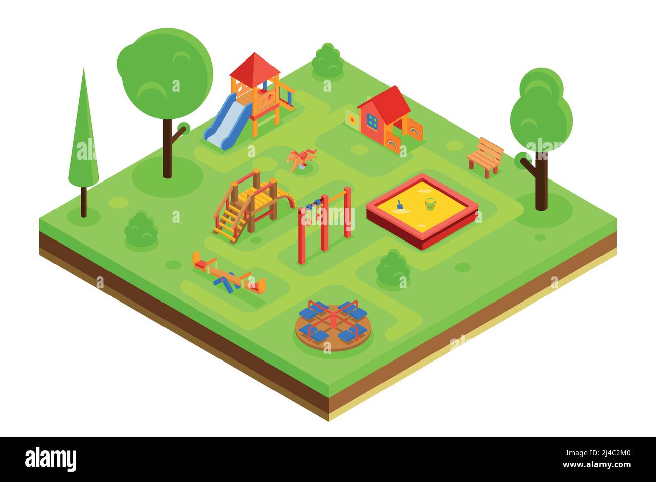 Childrens playground in isometric flat style. Kindergarden with sandpit carousel bench. Vector illustration Stock Vector