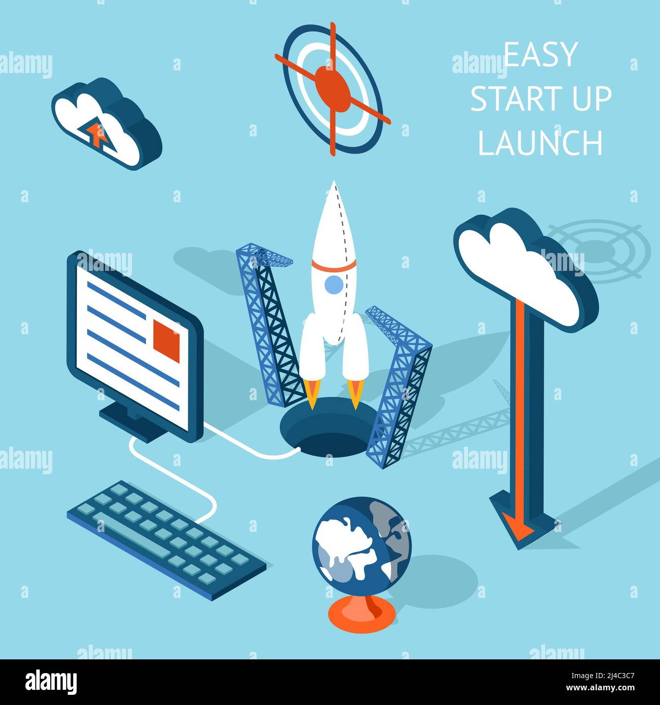 Colored Cartooned Easy Start-up Launch Infographic Design  Emphasizing Rocket and Technology. Stock Vector