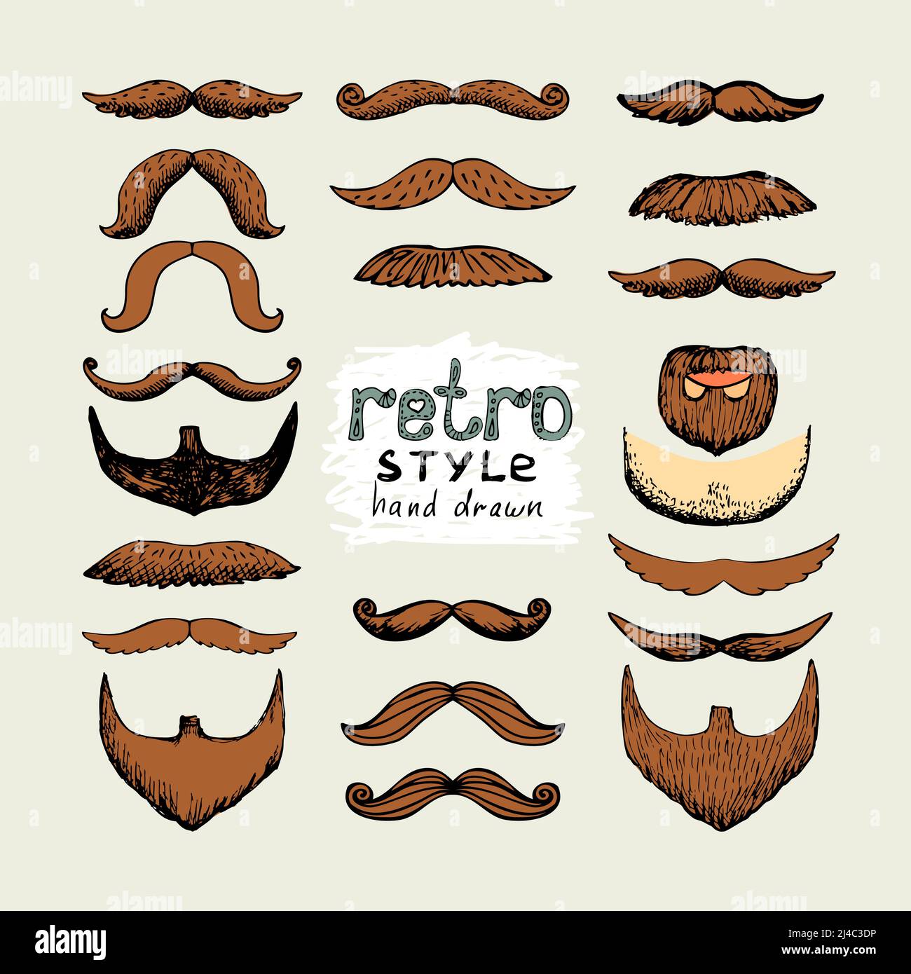 vector sketch mustaches and beards in retro style Stock Vector