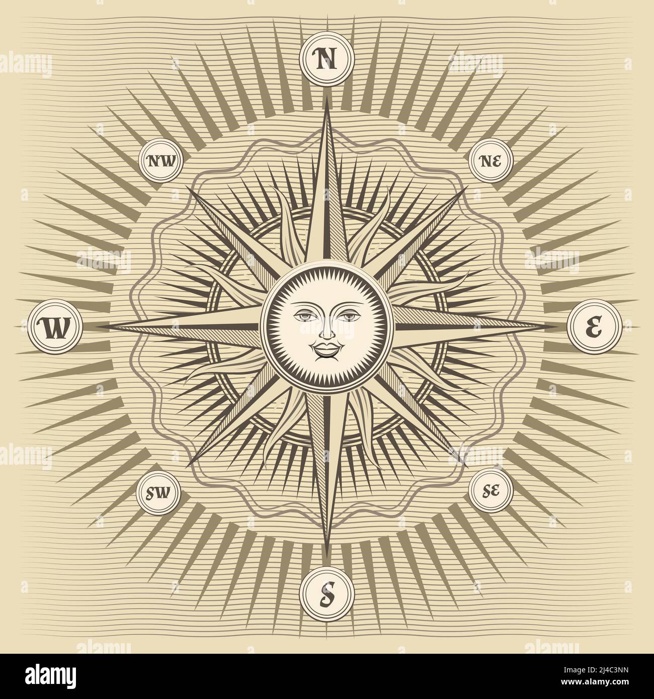 Vector vintage compass rose with the sun in the center Stock Vector Image &  Art - Alamy