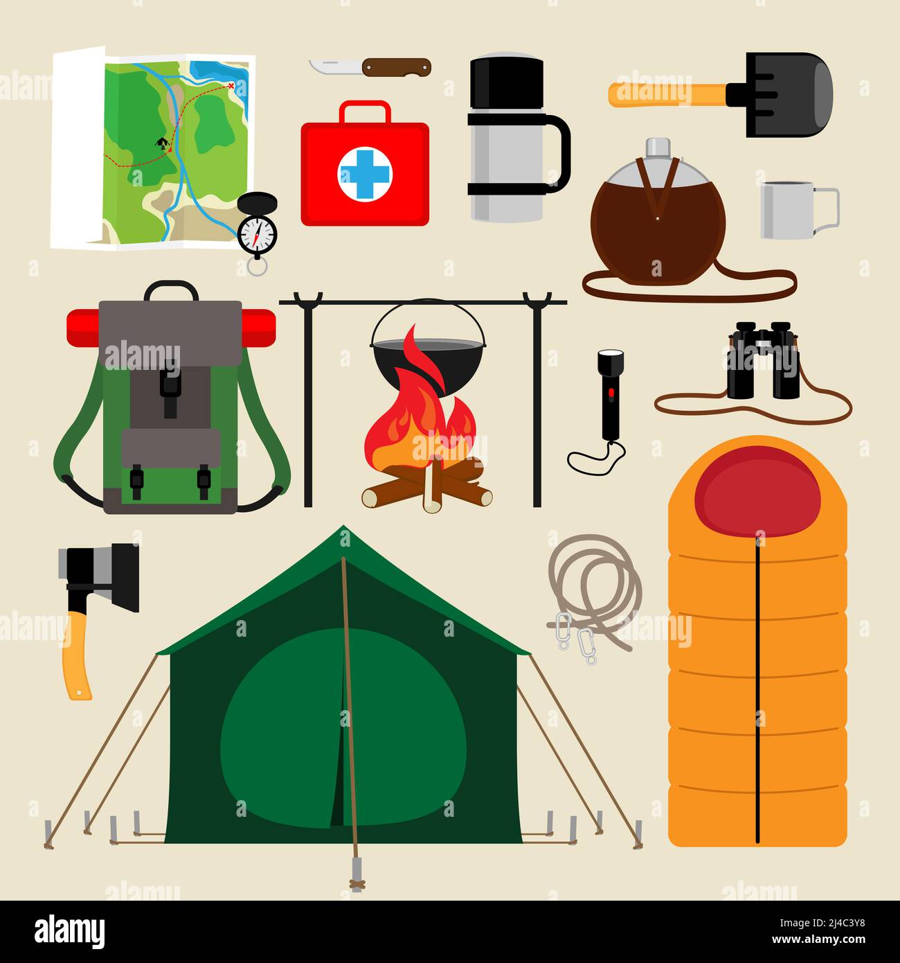 Camping equipment icons. Facilities for tourism, recreation, survival