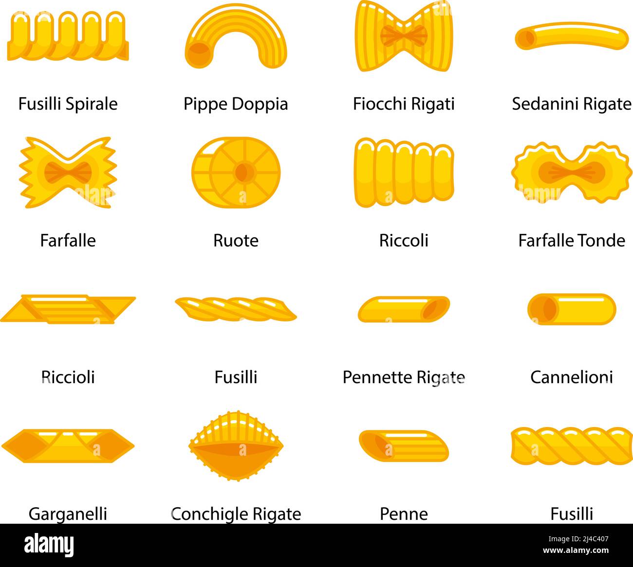 Vector color pasta collection. Macaroni spirale, pippe doppia, fiocchi ...