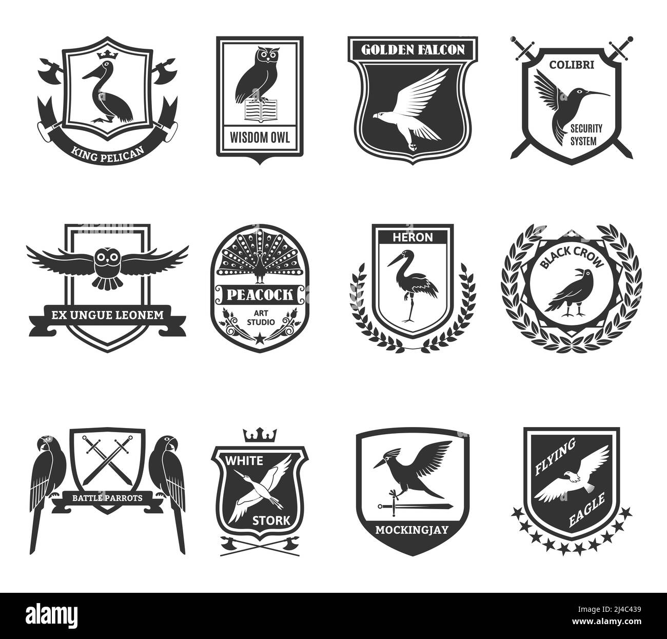 Birds black emblems collection with colibri hummingbird security system shield and golden falcon label abstract isolated vector illustration Stock Vector