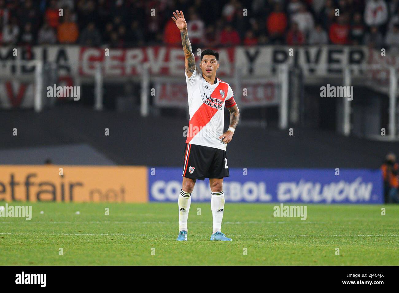 Buenos Aires, Argentina. 13th Apr, 2022. Enzo Perez of River Plate reacts during the 2022 Copa Conmebol Libertadores match between River Plate and Fortaleza at Estadio Monumental Antonio Vespucio Liberti. Final score; River Plate 2:0 Fortaleza. Credit: SOPA Images Limited/Alamy Live News Stock Photo