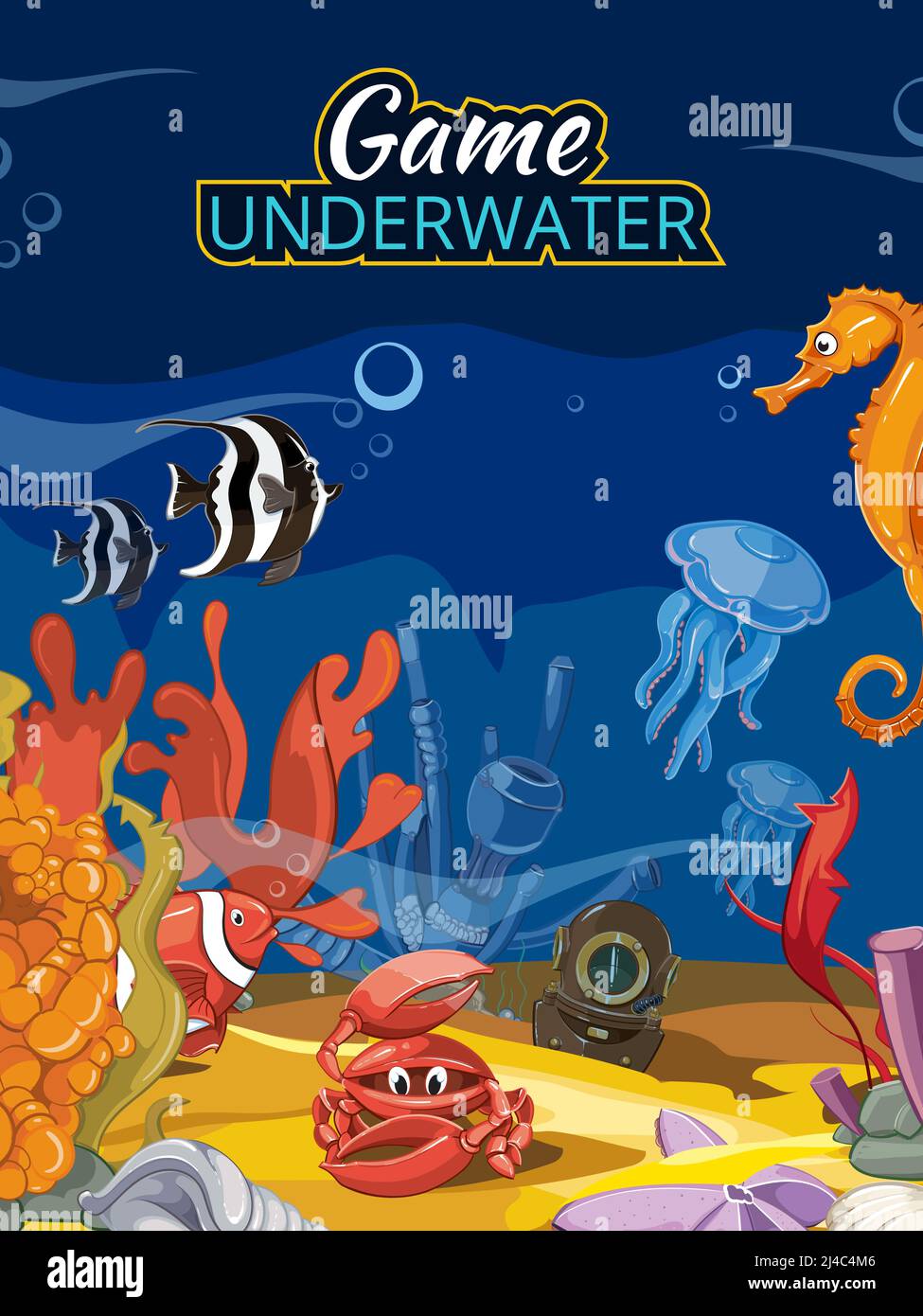 Underwater world computer game.  Ocean fish and fauna wildlife jellyfish starfish and crab illustration. Vector screen in cartoon style with title Stock Vector