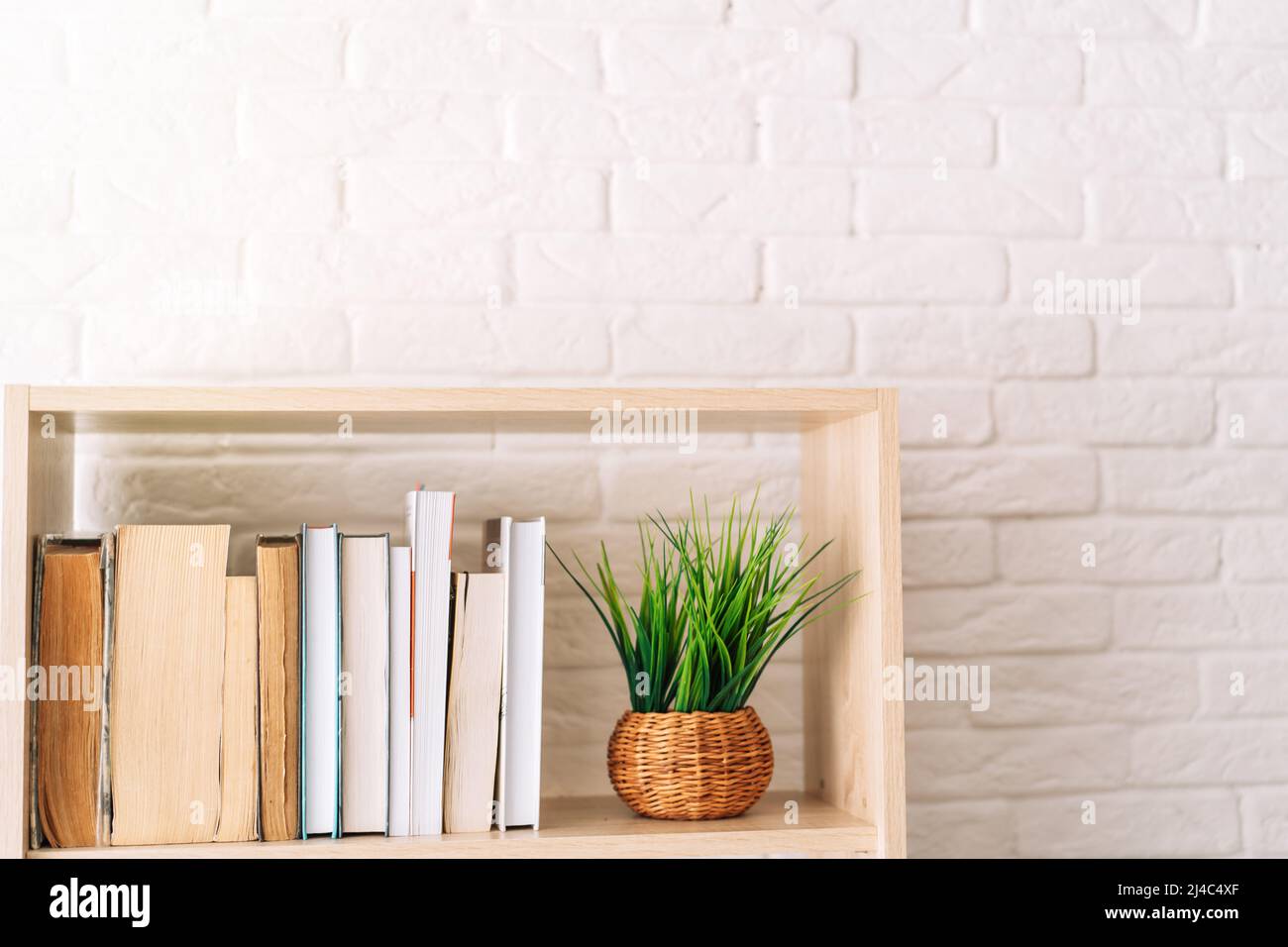 Books on bookshelf against brick wall Stock Photo Alamy
