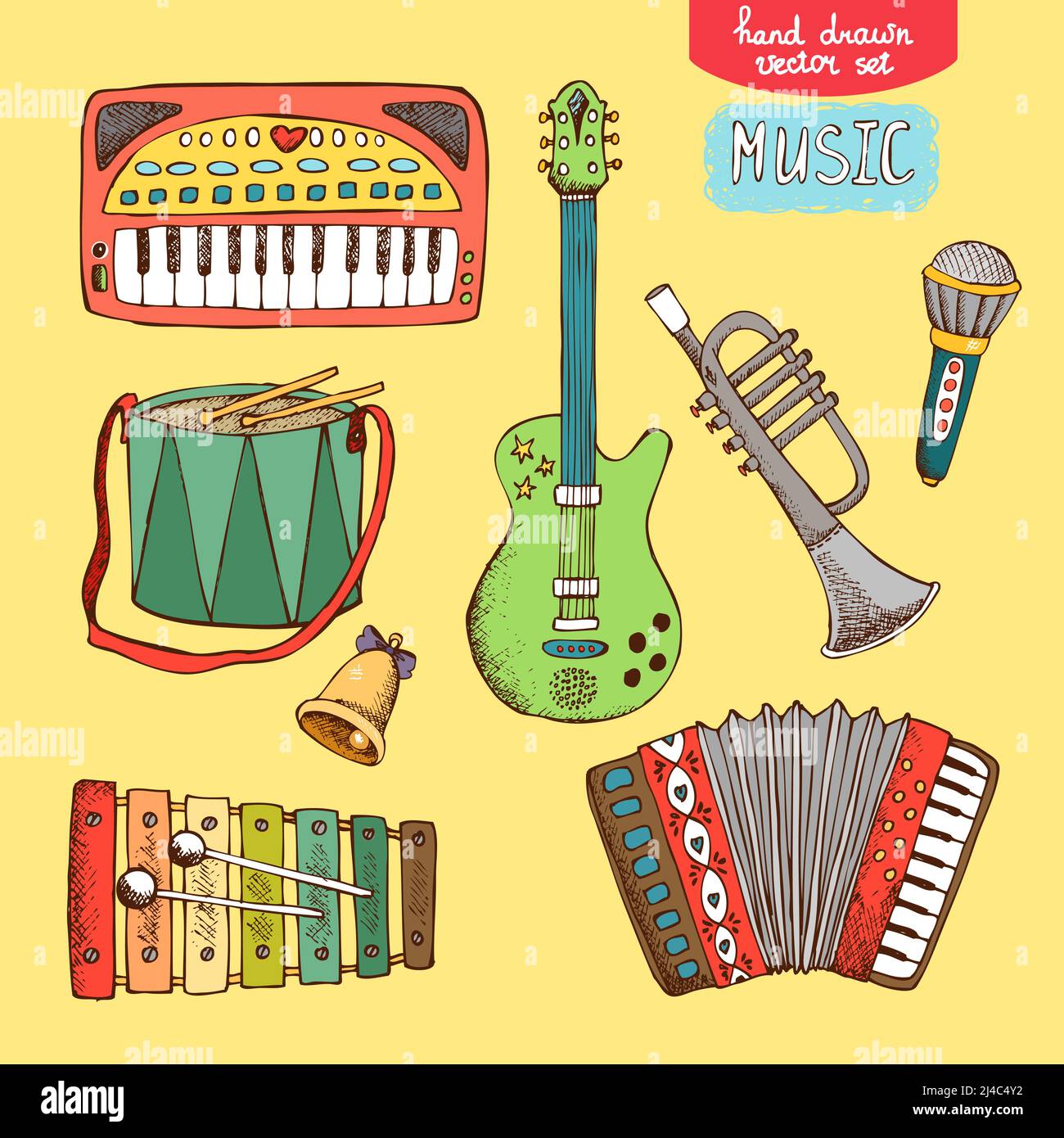 vector illustration hand drawn musical instrument guitar trumpet accordion drum synthesizer