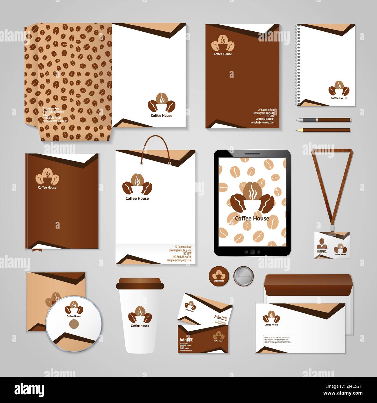 Cafe identity with coffee ornament stationery set isolated vector