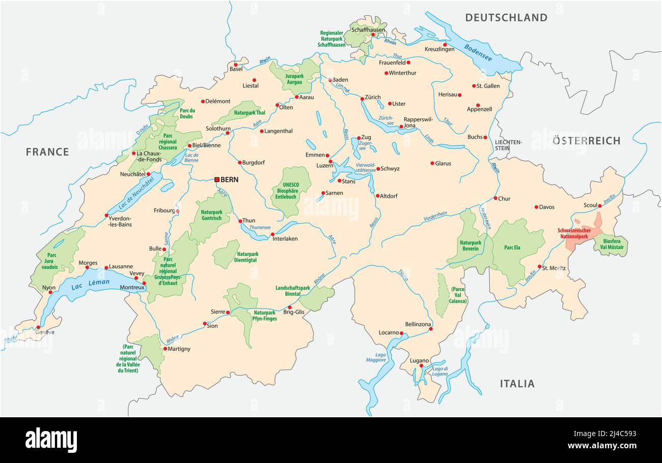 Map of Swiss national and nature parks Stock Vector