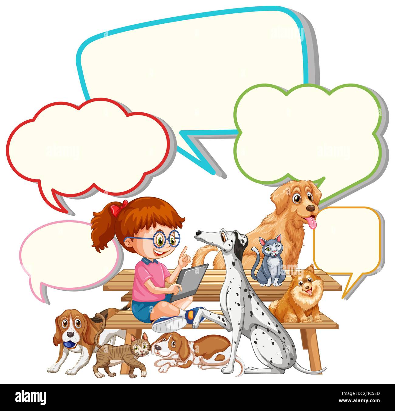 Girl with speech bubbles and many dogs illustration Stock Photo - Alamy
