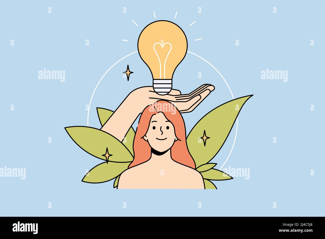 Huge hand holding lightbulb above smiling woman head. Happy female generate creative ideas brainstorm think over plans or thoughts. Visualization concept. Vector illustration.  Stock Vector