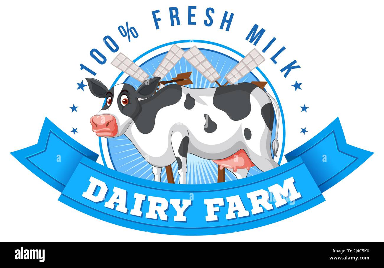 Dairy farm label logo with a dairy cow cartoon illustration Stock Photo -  Alamy