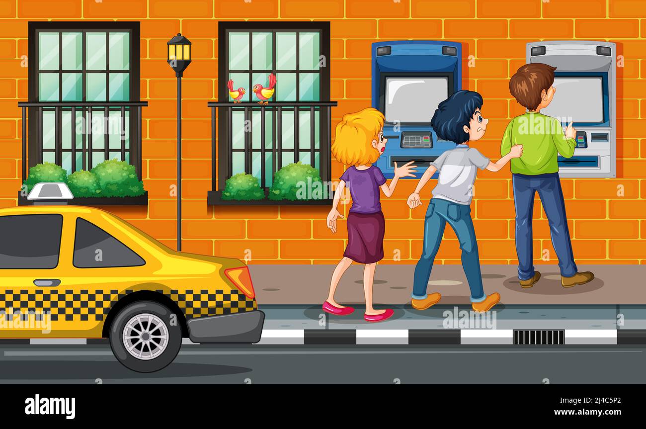 People waiting in line near atm machine illustration stock photo alamy