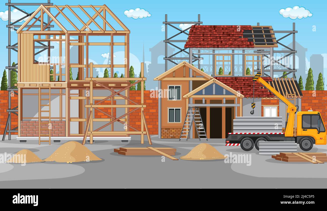 Cartoon scene of building construction site illustration Stock Photo - Alamy