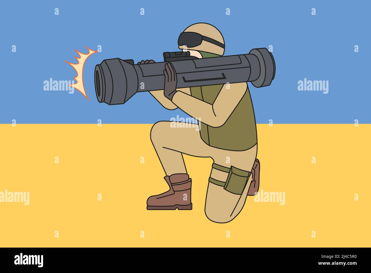 Soldier in uniform with missile weapon isolated on Ukrainian flag. Warrior or army man with anti-tank rifle fight for Ukraine in war against Russia. Modern rocket launcher. Vector illustration.  Stock Vector