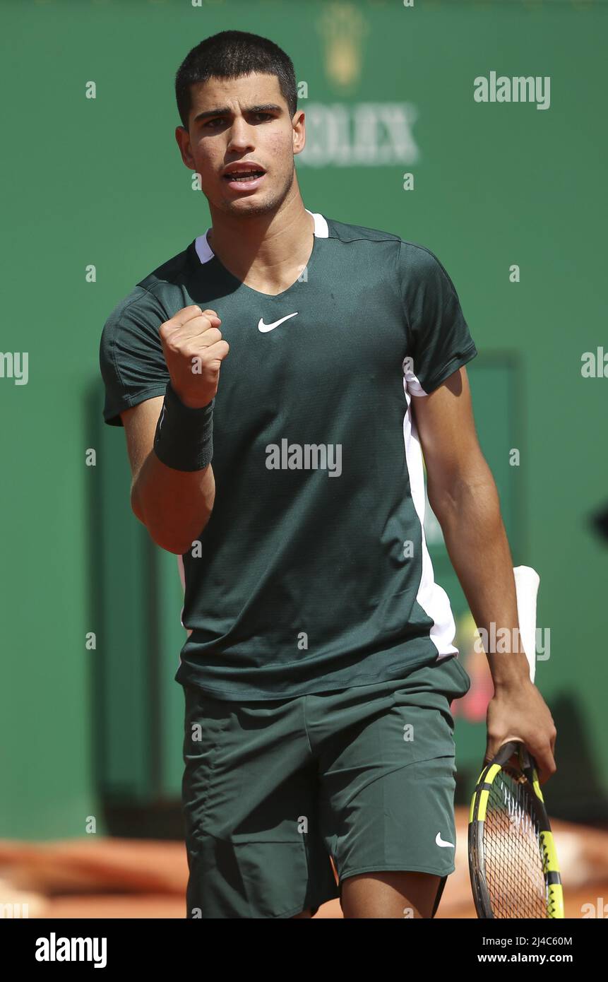 April 13, 2022, Roquebrune-Cap-Martin, France: Carlos Alcaraz of Spain  during day 4 of the Rolex Monte-Carlo Masters 2022, an ATP Masters 1000  tennis tournament on April 13, 2022, held at the Monte-Carlo