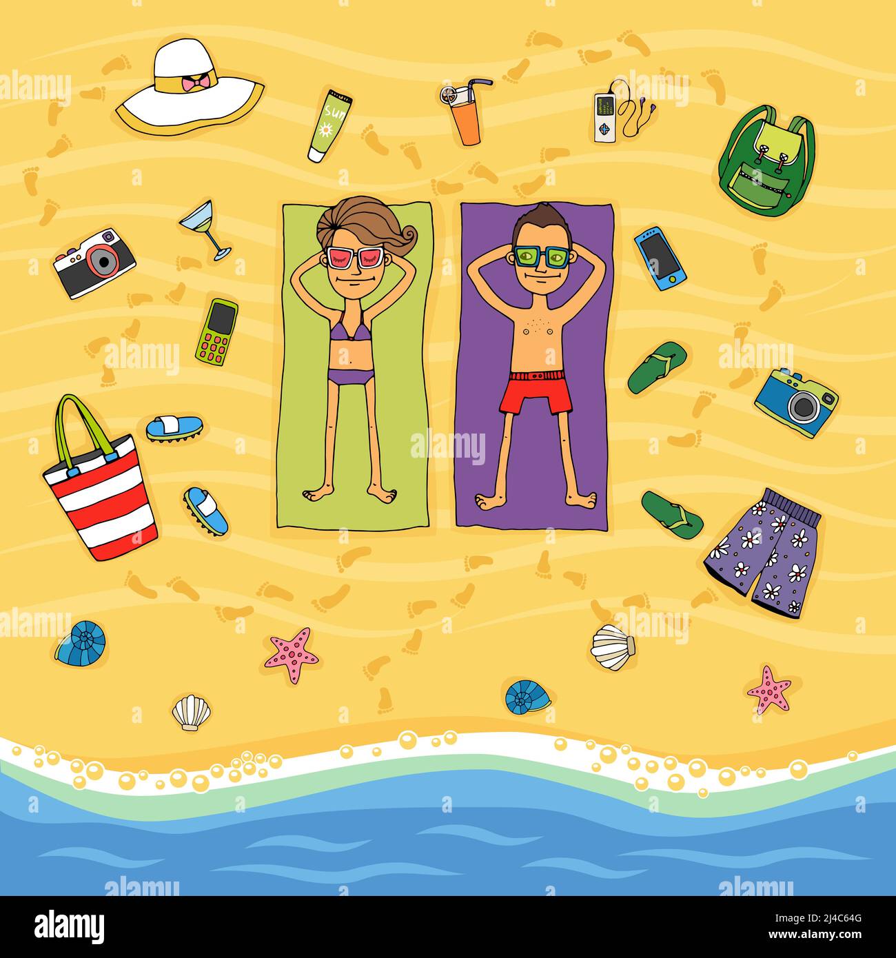 Cartoon vector illustration from above of a couple lying on their towels on the golden sand sunbathing on a tropical beach at the waters edge surround Stock Vector