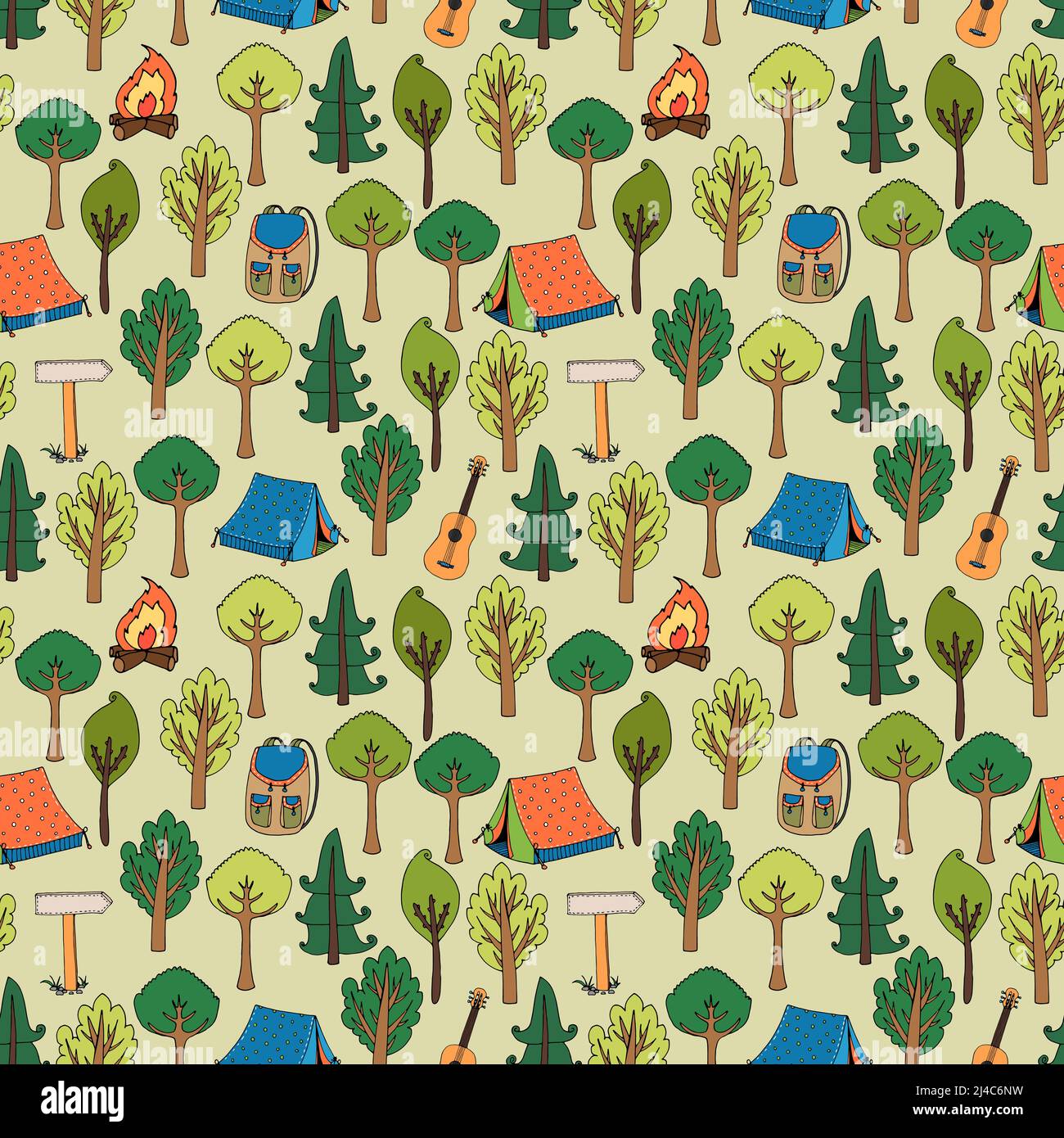 Camping and hiking background seamless pattern of tents in a forest of trees with camp fires  rucksacks  backpacks  guitars and trail markers  vector Stock Vector