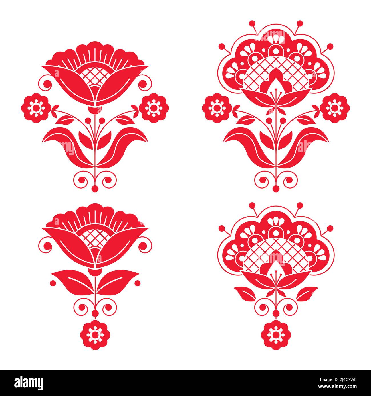 Scandinavian floral folk art vector red design set with flowers, leaves and swirls inspired by traditional embroidery patterns Stock Vector