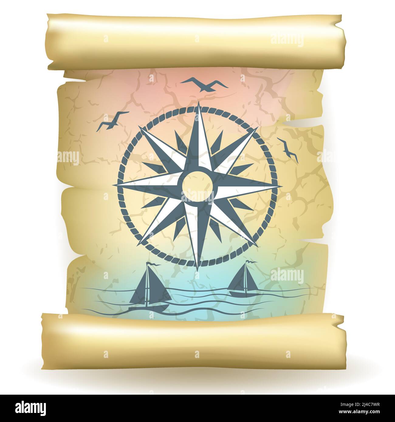 Ancient scroll with vintage compass design and boats Stock Vector Image ...