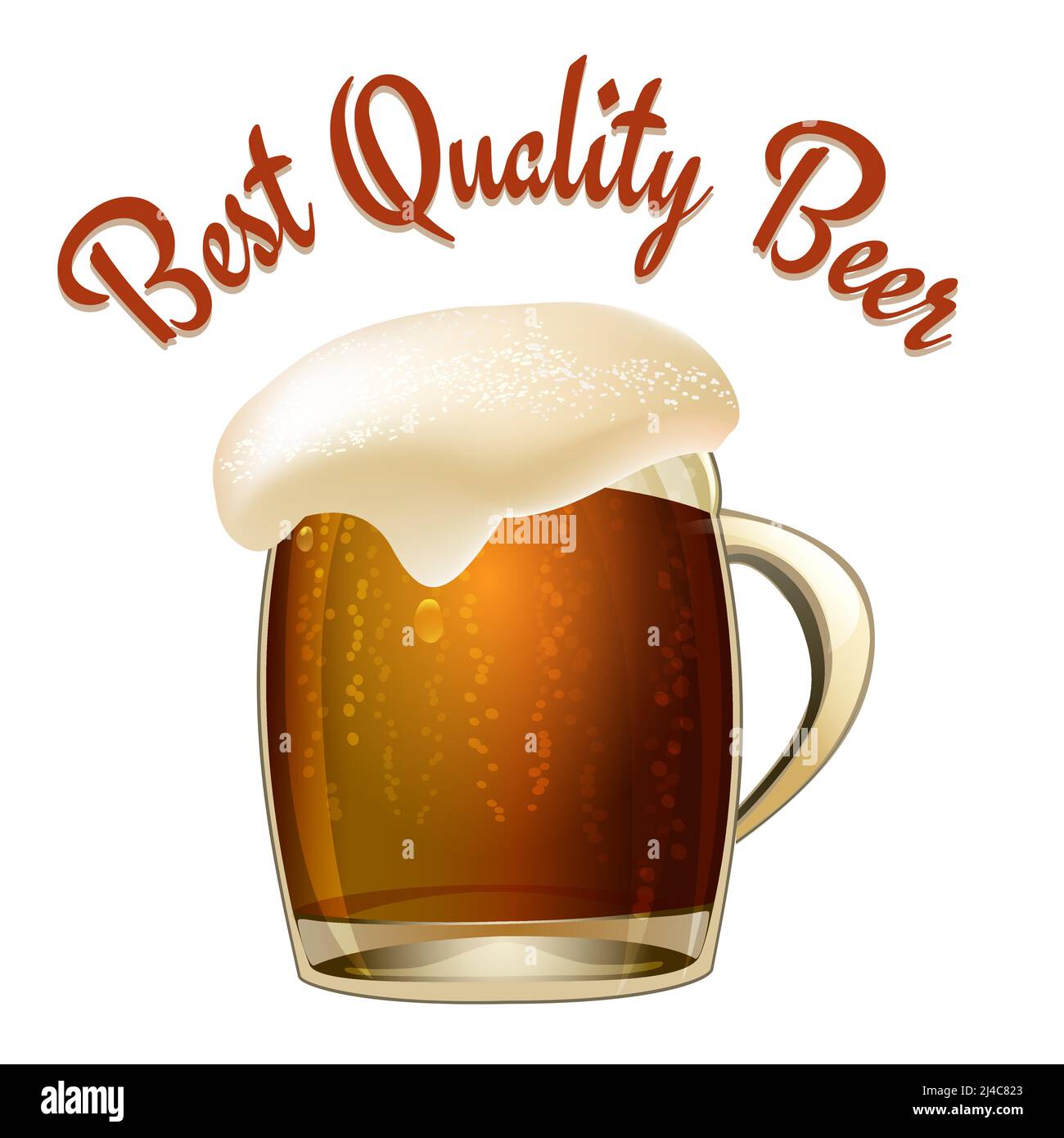 Best Quality Beer poster illustration with a glass tankard of dark beer or lager with a wonderful frothy head overflowing the glass and arched text ab Stock Vector