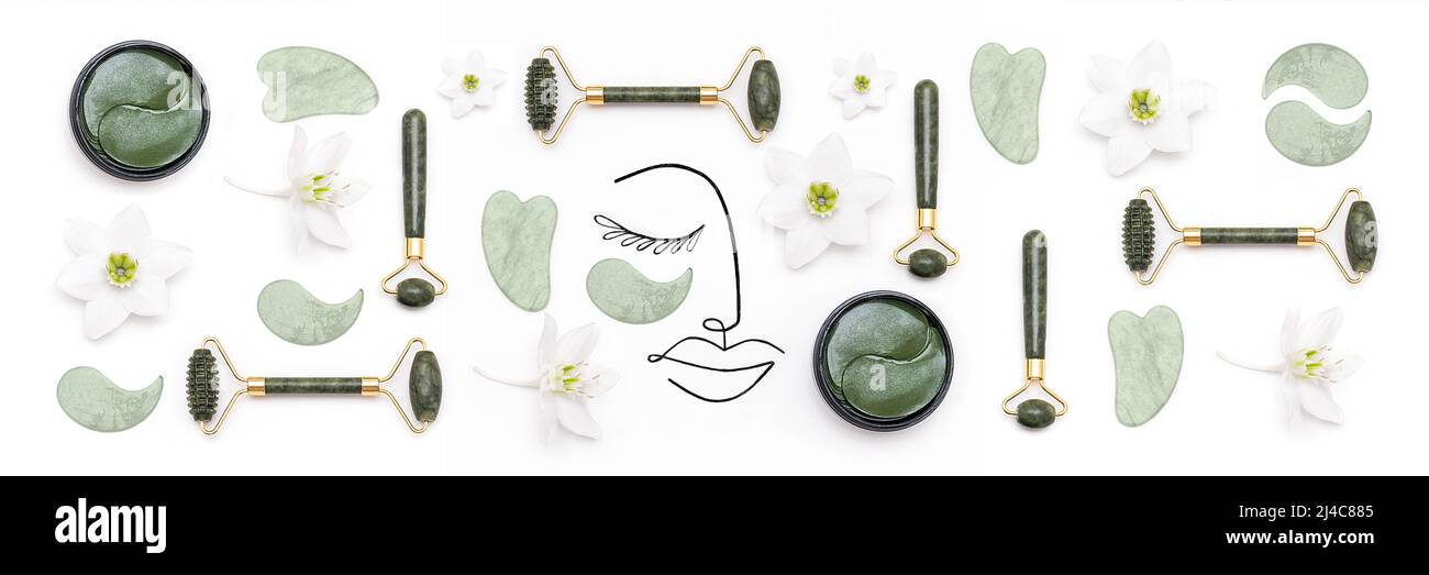 Creative modern selfcare concept. Banner made with surreal woman face and set of cosmetic tools for self-care. Face rollers, massager gua sha scraper, Stock Photo