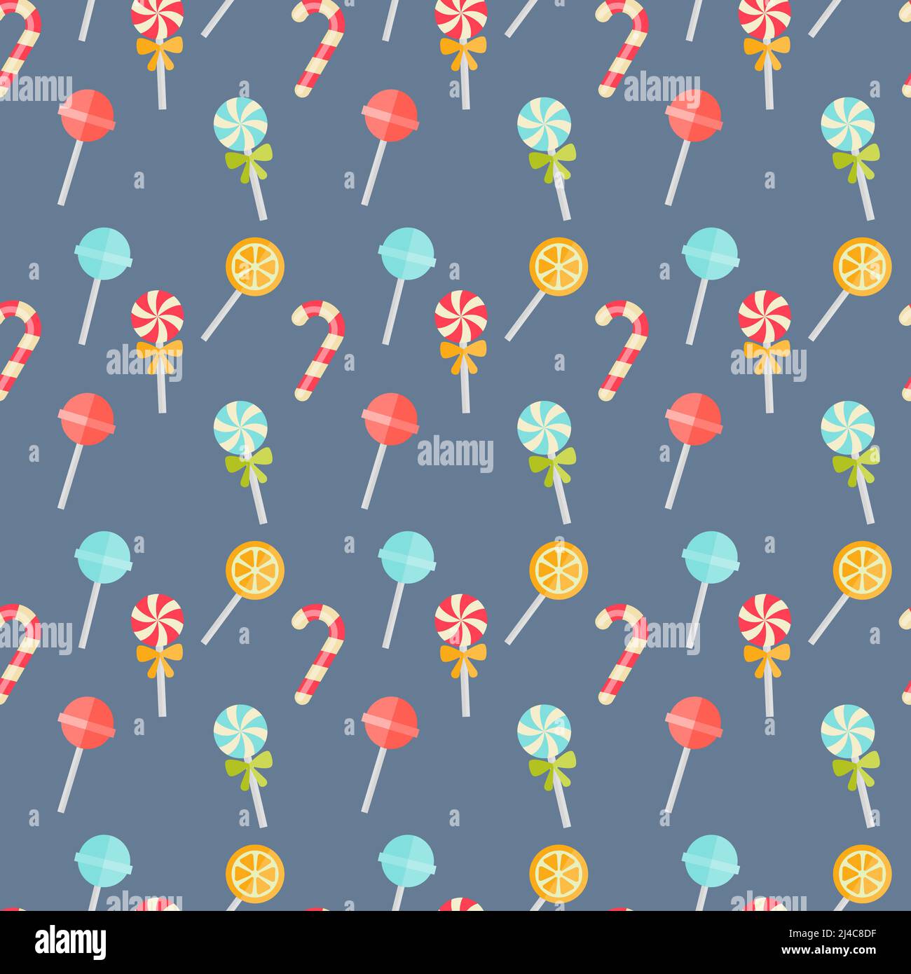 Colorful candy seamless background pattern on blue with festive candy canes. lollipops and orange suckers in square format for wallpaper or fabric  ve Stock Vector